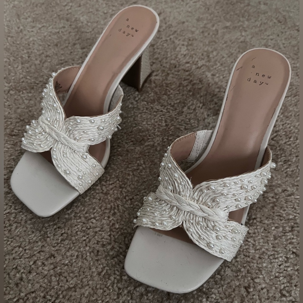 A New Day sandals, pearls on the straps. Beautiful for a wedding or shower!